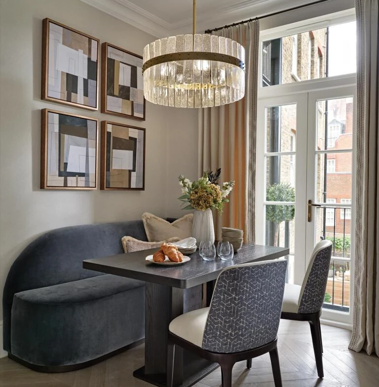 Allen House Kensington W8 Ground Floor Apartment Dining Nook Velvet Banquette Brass Chandelier