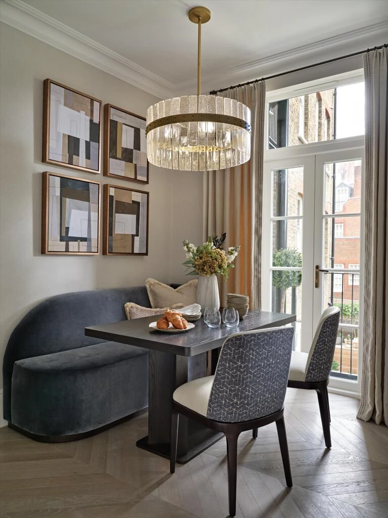 Allen House Kensington W8 Ground Floor Apartment Dining Nook Velvet Banquette Brass Chandelier