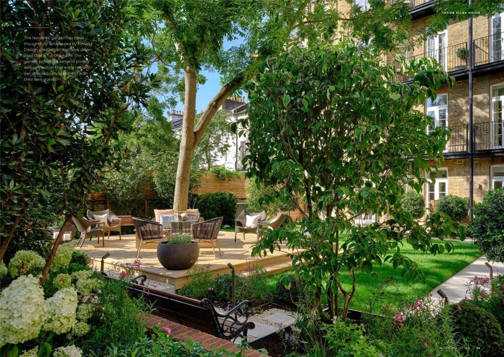 Allen House Kensington W8 Landscaped Residents Garden Full View Hydrangeas Mature Trees Kinlaid Design