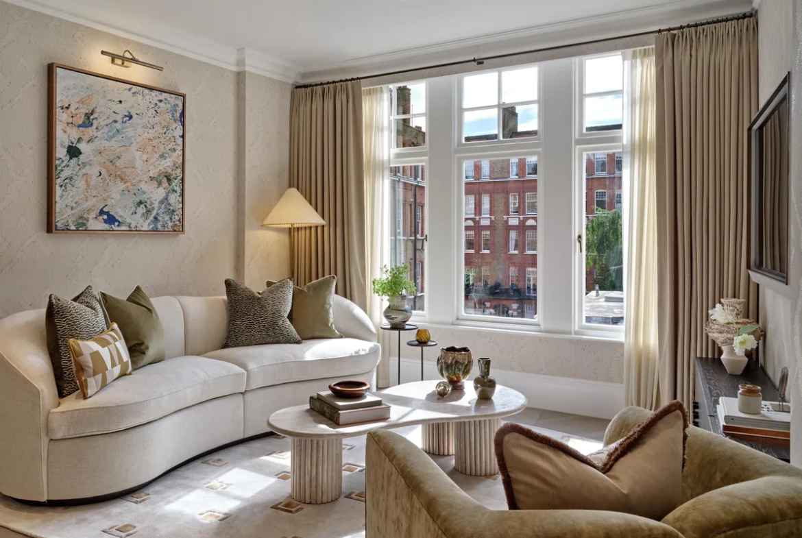 Allen House Kensington W8 London Bright Living Room Large Windows Natural Light Modern Sofa Interior Design