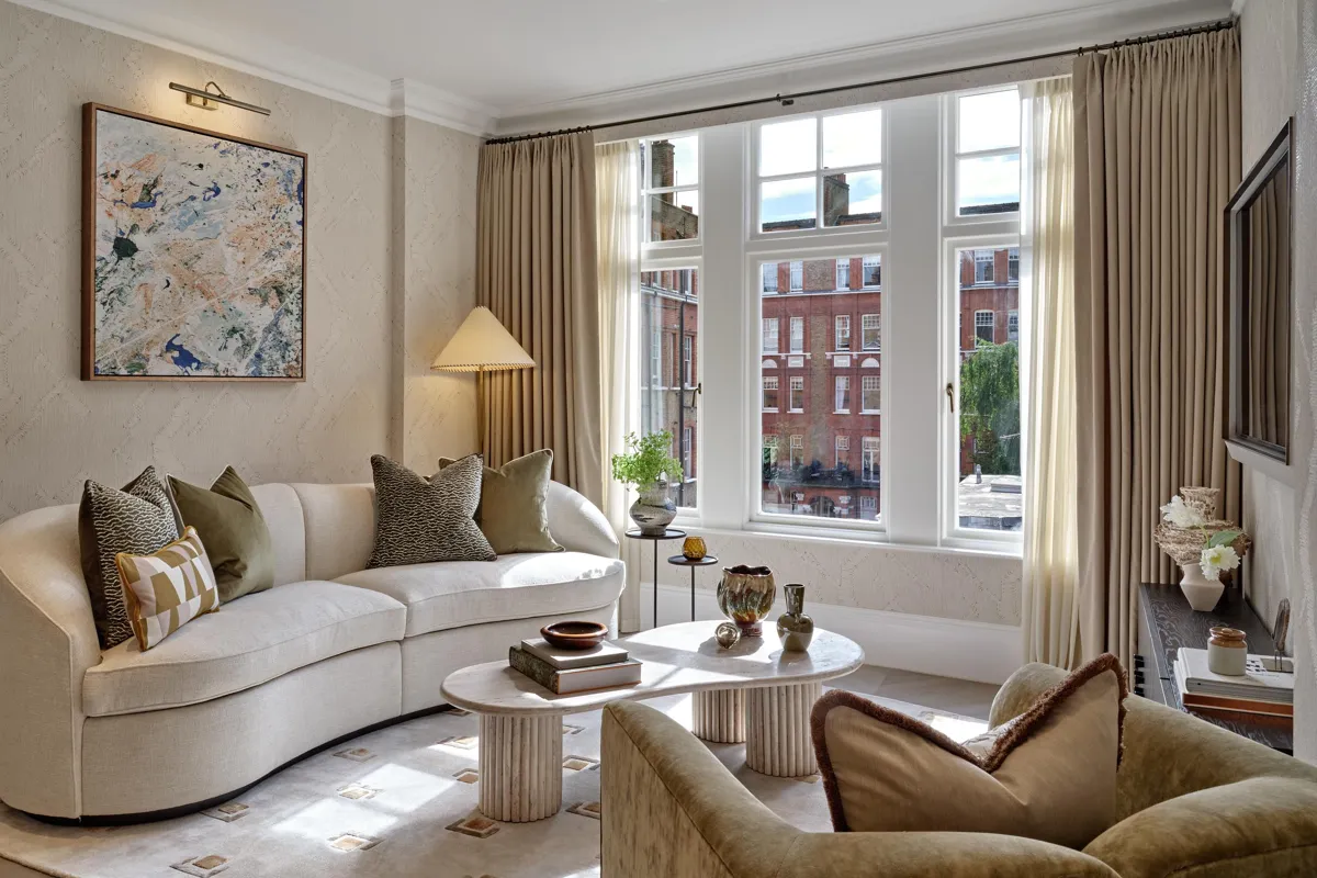 Allen House Kensington W8 London Bright Living Room Large Windows Natural Light Modern Sofa Interior Design
