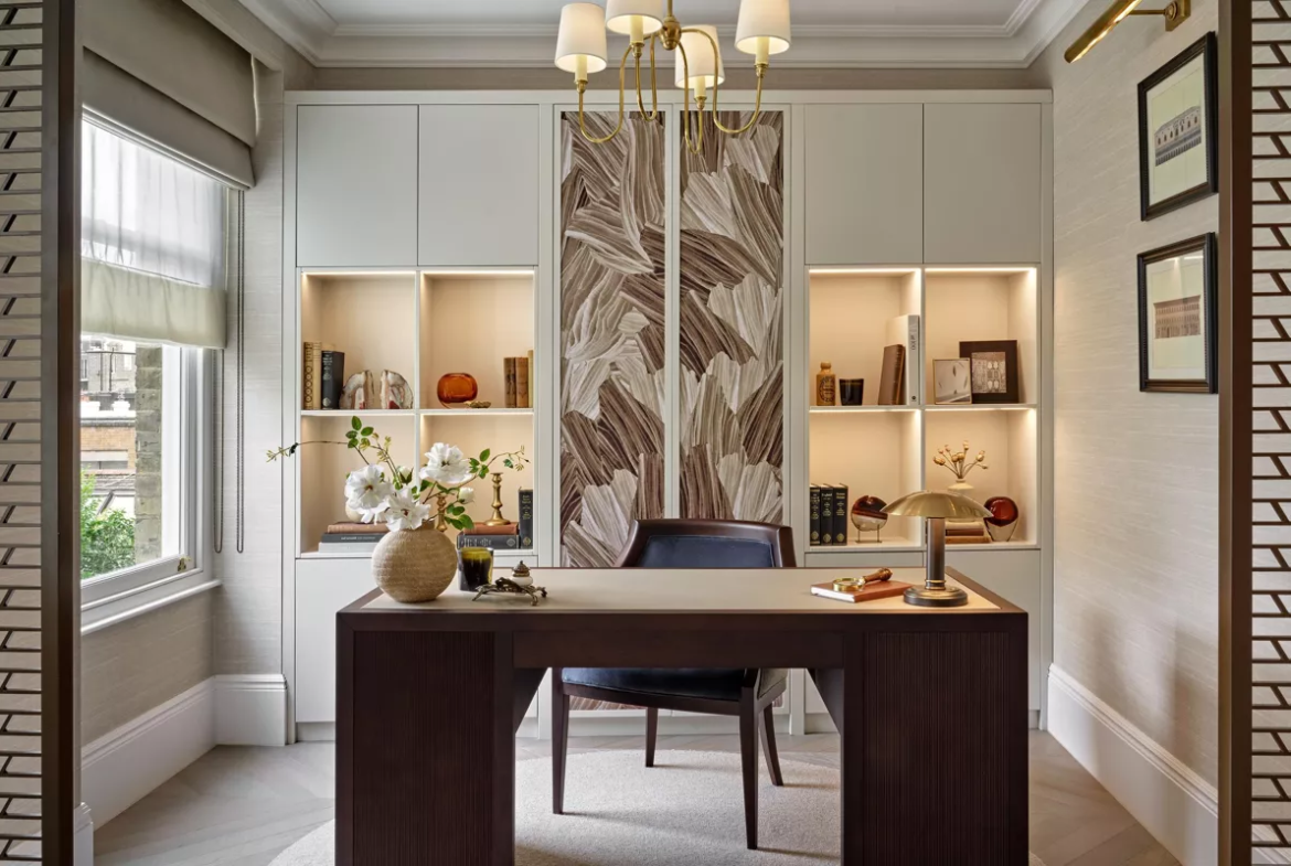 Allen House Kensington W8 London Home Office Study Room Bespoke Joinery Storage Shelving Elegant Workspace
