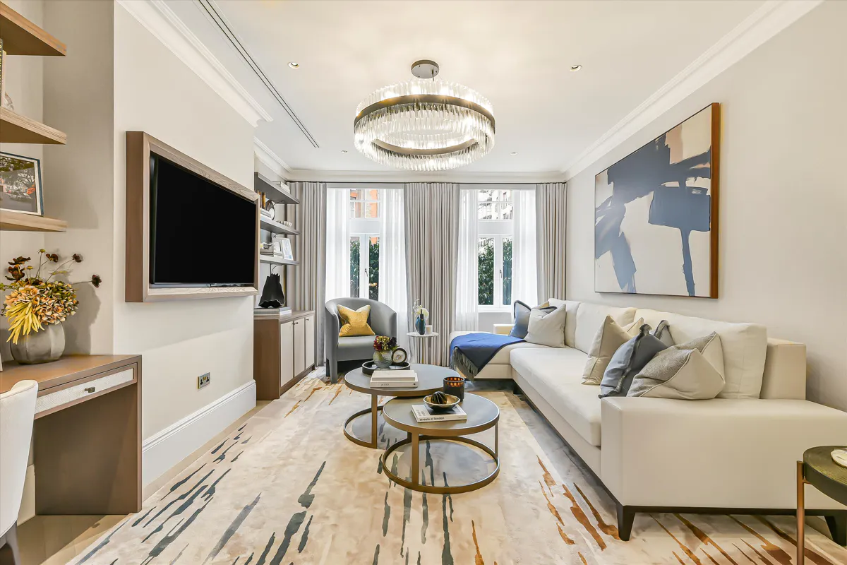 Allen House Kensington W8 London Luxury Living Room Crystal Chandelier Large Windows Modern Furniture Interior