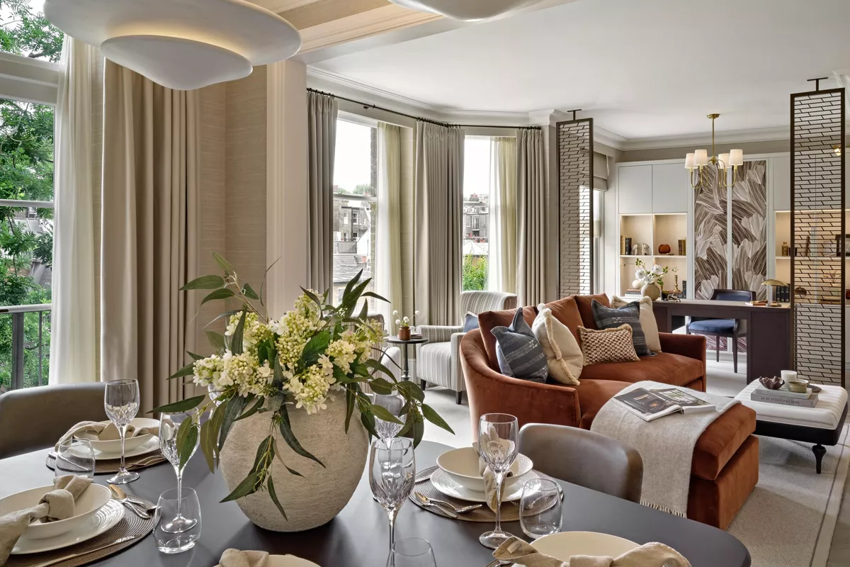 Allen House Kensington W8 London Luxury Open Plan Living Dining Room Bay Windows High Ceilings Modern Interior Design