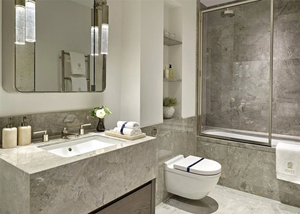 Allen House Kensington W8 Luxury Bathroom Grey Marble Bath Shower Screen Wall Hung Wc
