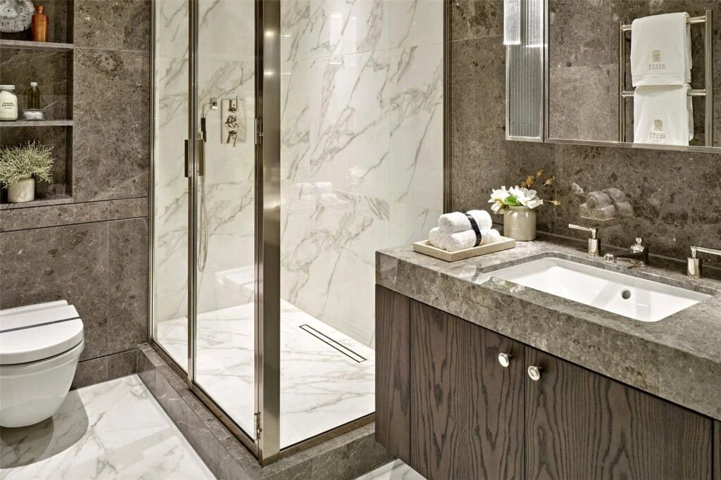 Allen House Kensington W8 Luxury En Suite Shower Room Calacatta Marble Walk In Shower Dark Vanity