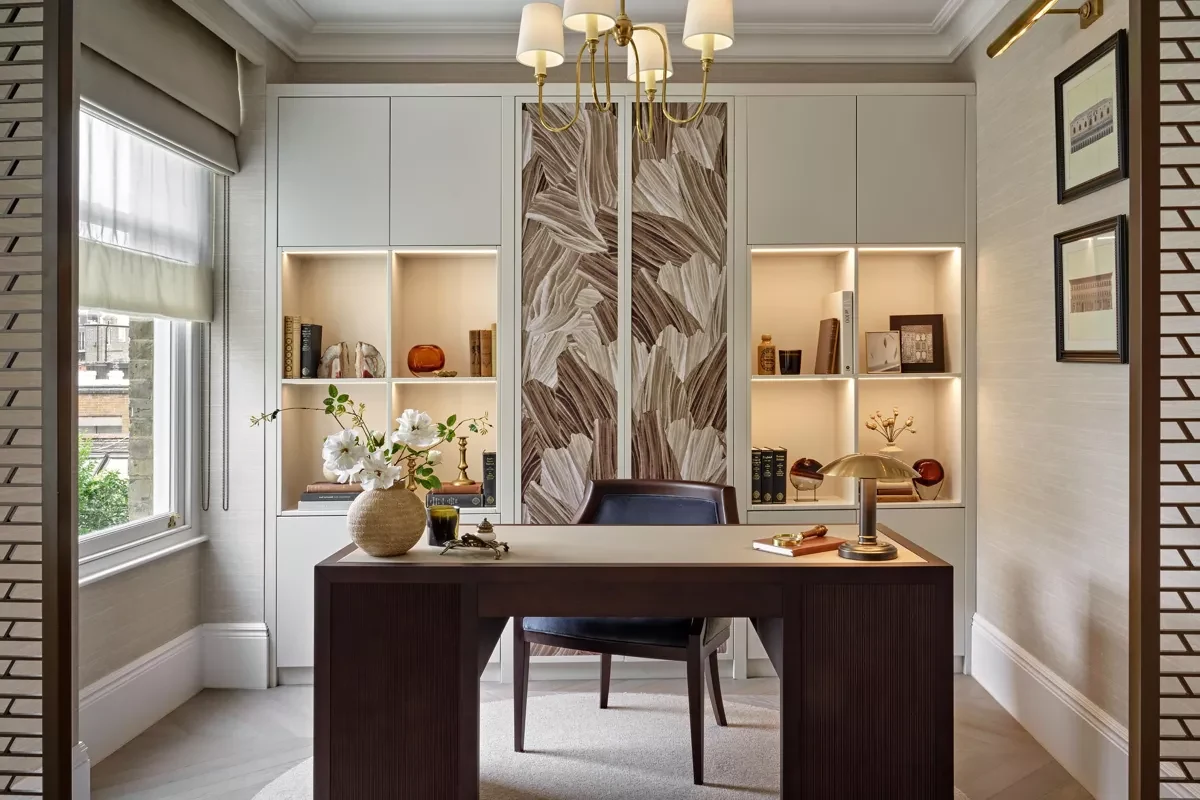 Allen House Kensington W8 Luxury Home Study Bespoke Shelving Brass Chandelier Dark Wood Desk