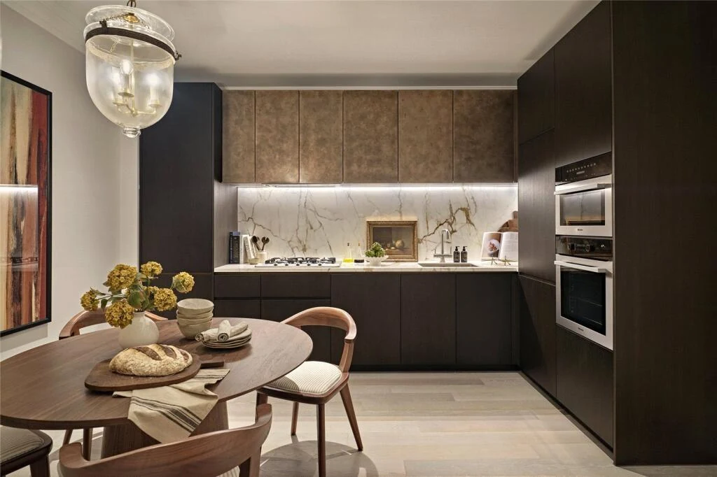 Allen House Kensington W8 Open Plan Kitchen Dark Oak Cabinetry Marble Splashback Miele Appliances