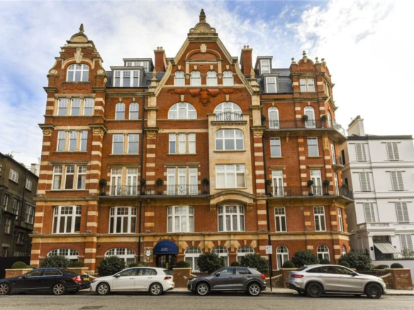 Allen House Penthouse Kensington W8 Edwardian Red Brick Mansion Exterior Street View Blue Canopy