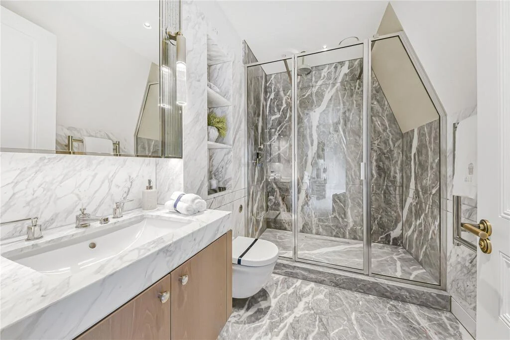 Allen House Penthouse Kensington W8 En Suite Shower Room Full Marble Walls Walk In Shower Sloped Ceiling