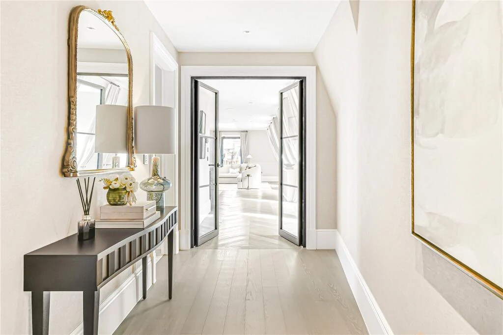 Allen House Penthouse Kensington W8 Entrance Hallway Gilded Mirror Steel Framed Doors Herringbone Floor