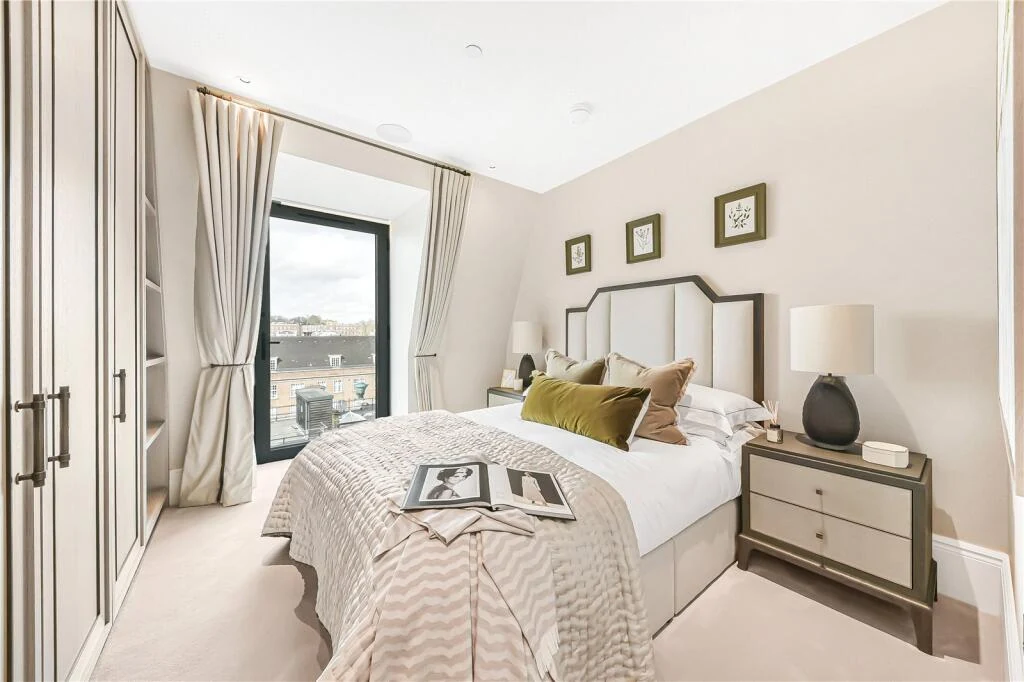 Allen House Penthouse Kensington W8 Guest Bedroom Arch Headboard Olive Cushions French Window Rooftop Views