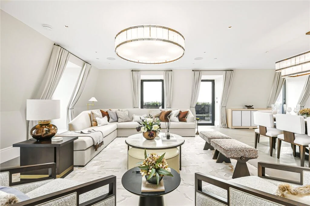 Allen House Penthouse Kensington W8 Living Room Corner Sofa Brass Coffee Tables Sloped Ceiling Terrace Door