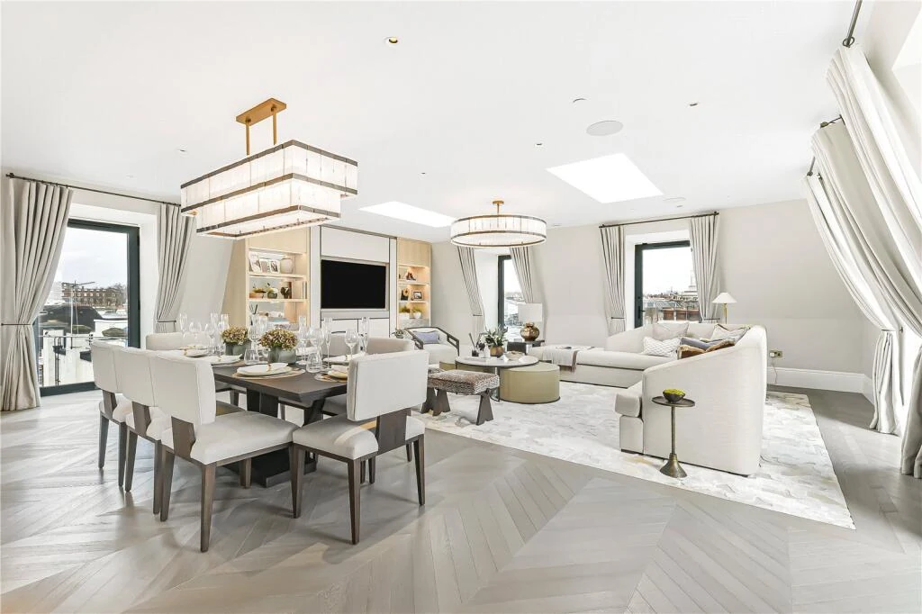 Allen House Penthouse Kensington W8 Open Plan Dining Reception Eight Seat Table Skylights Herringbone Dual Pendants