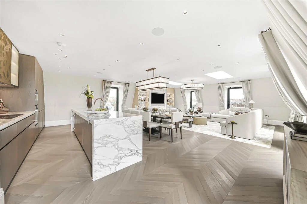Allen House Penthouse Kensington W8 Open Plan Kitchen Dining Living Marble Island Herringbone Floor Skylight