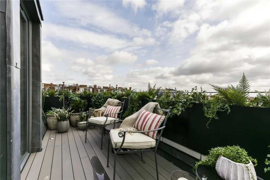Allen House Penthouse Kensington W8 Private Roof Terrace Wrought Iron Chairs Planters Rooftop Views