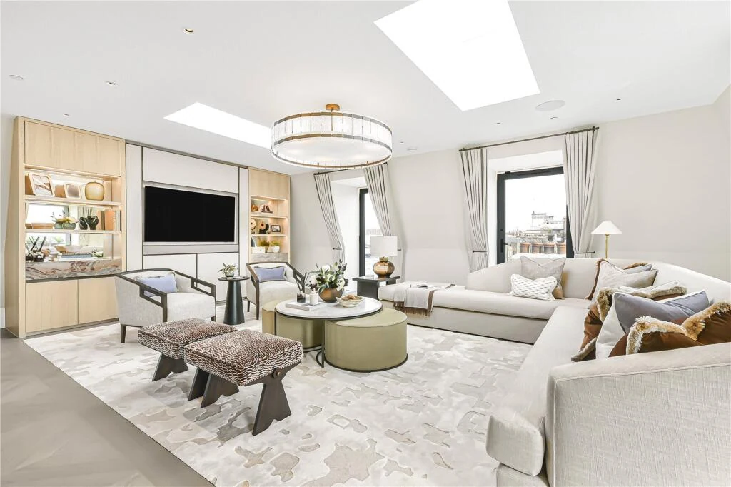 Allen House Penthouse Kensington W8 Sixth Floor Reception Room Skylights Bespoke Joinery Corner Sofa