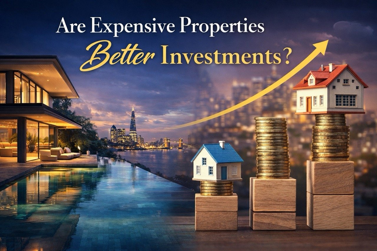 Are expensive properties better investments, luxury house with London skyline and property value growth concept