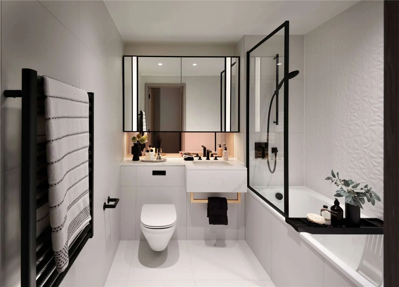 Aspen Canary Wharf Bathroom Bathtub Glass Screen Modern Vanity Unit Led Mirror