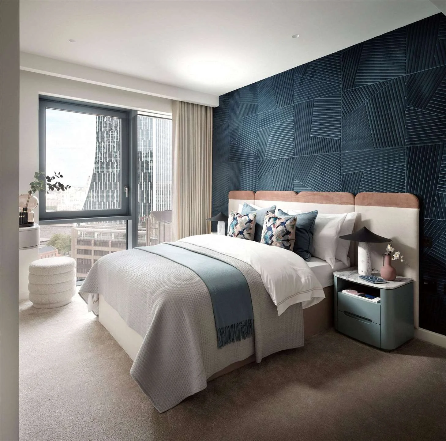 Aspen Canary Wharf London Primary Bedroom Feature Wall City View