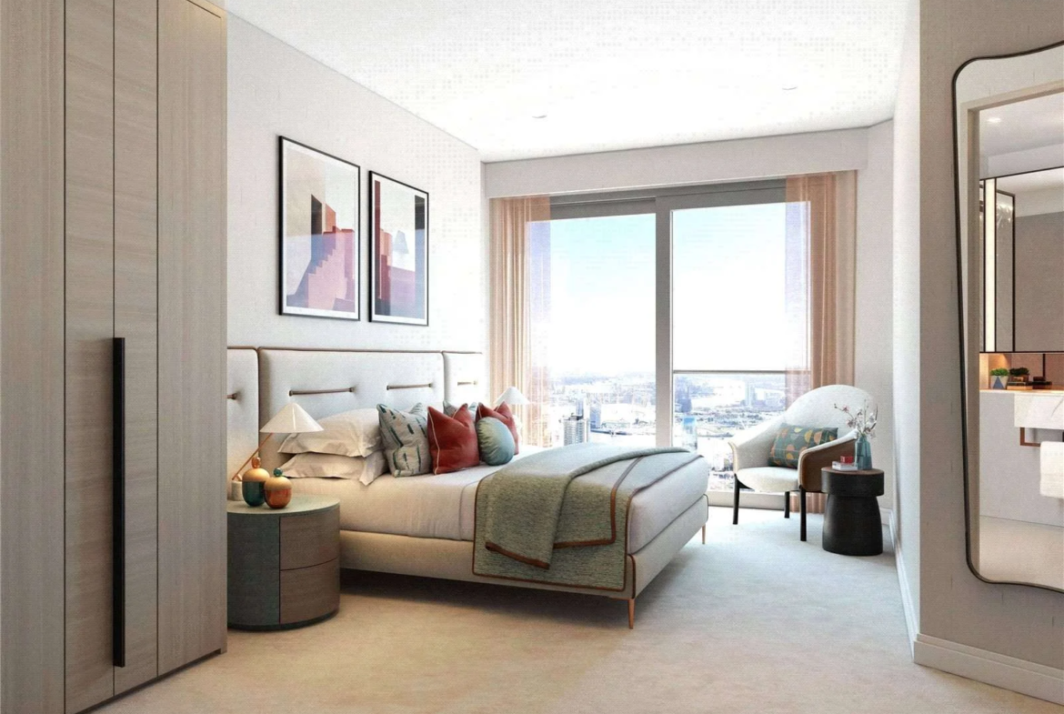 Aspen Canary Wharf Master Bedroom Large Windows City View Modern Furniture Soft Lighting