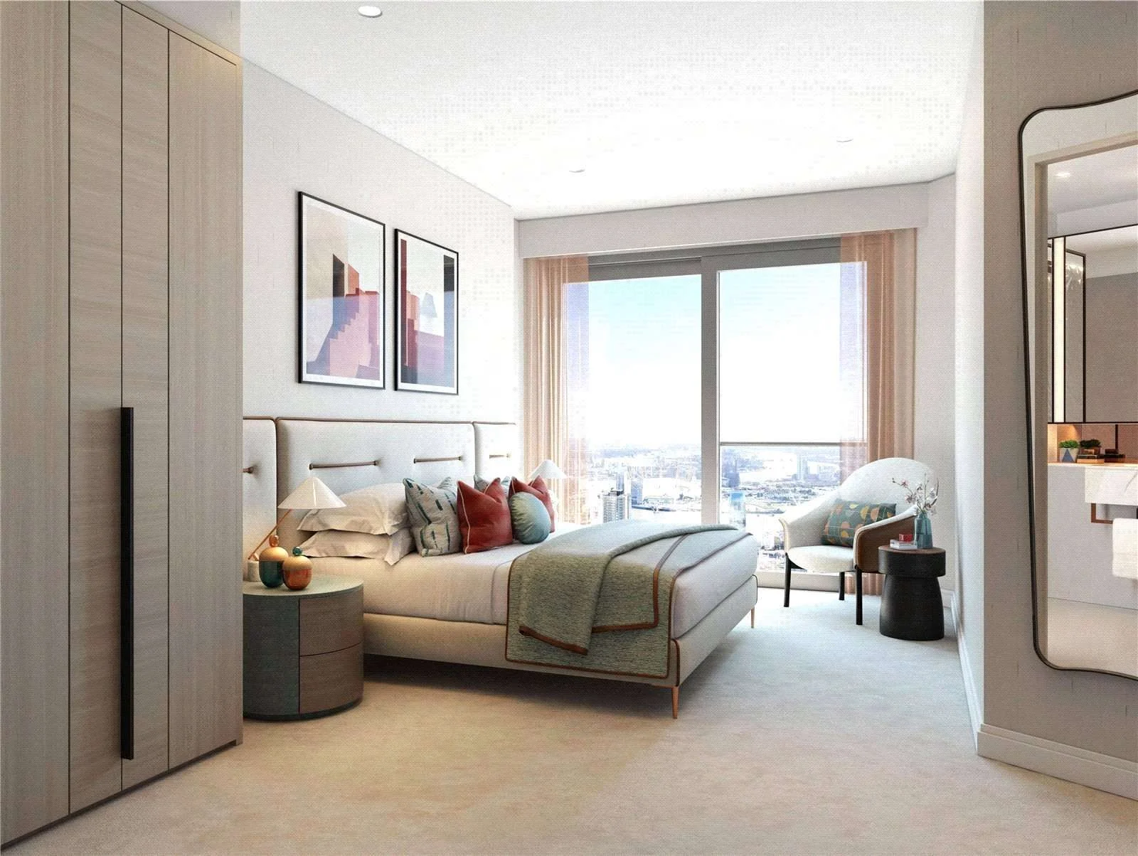 Aspen Canary Wharf Master Bedroom Large Windows City View Modern Furniture Soft Lighting