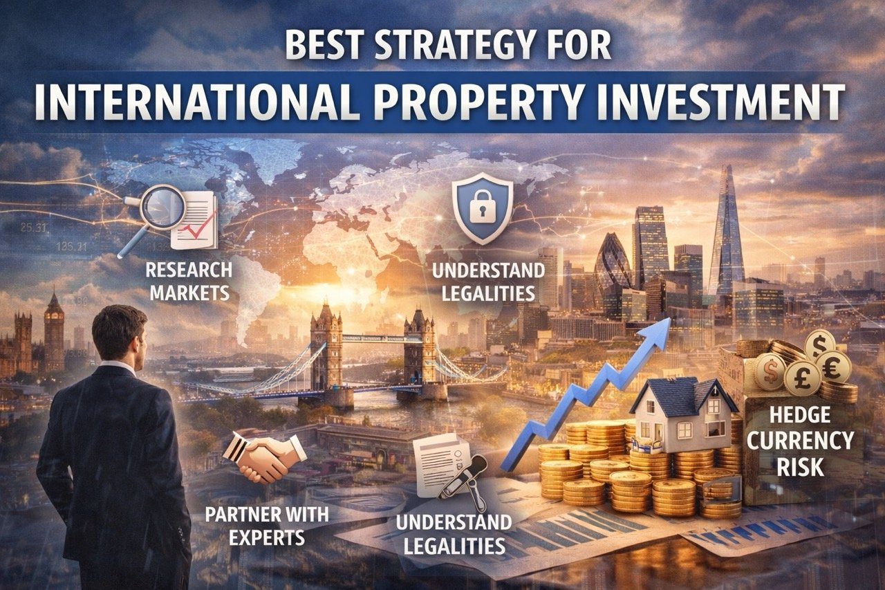Best strategy for international property investment including market research, legal understanding and currency risk management