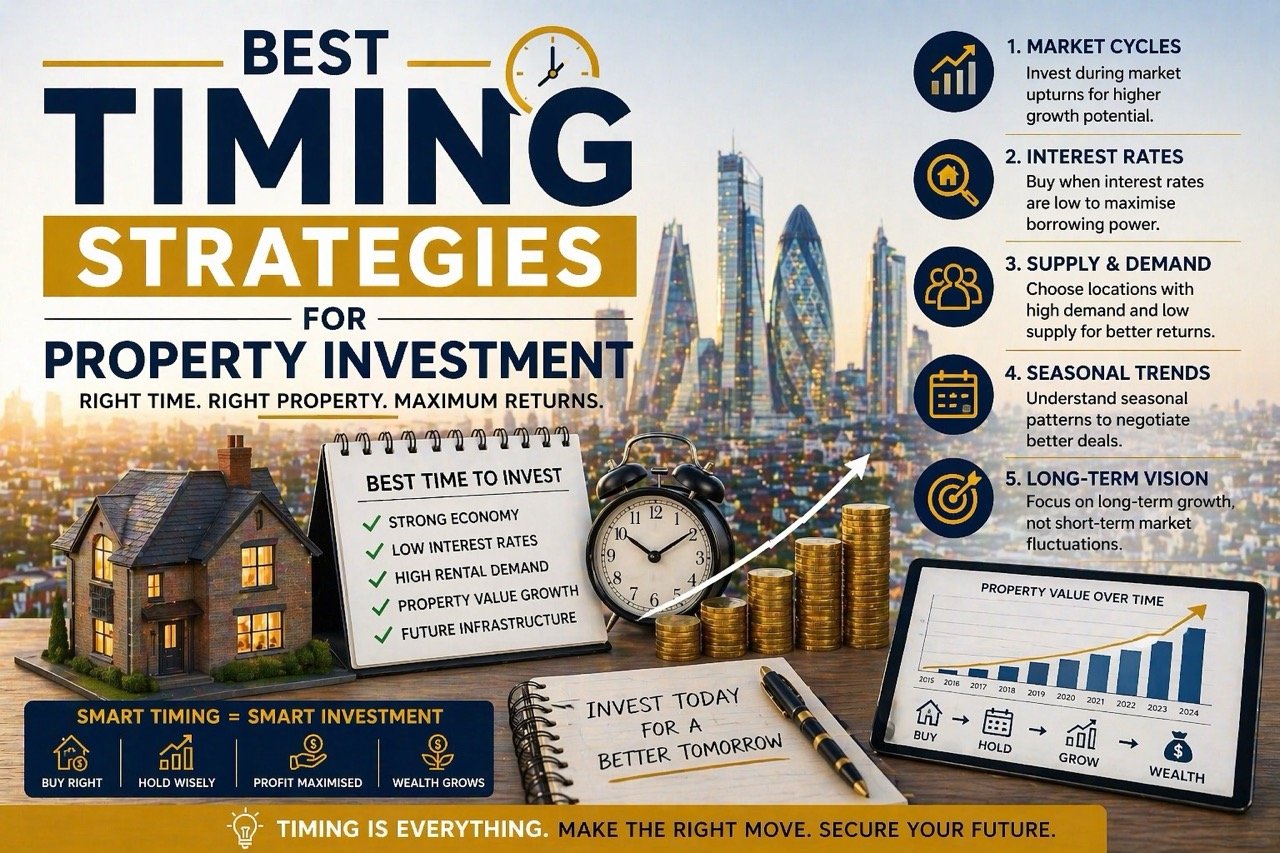 Best timing strategies for property investment showing London skyline, market timing, house model and investment growth chart