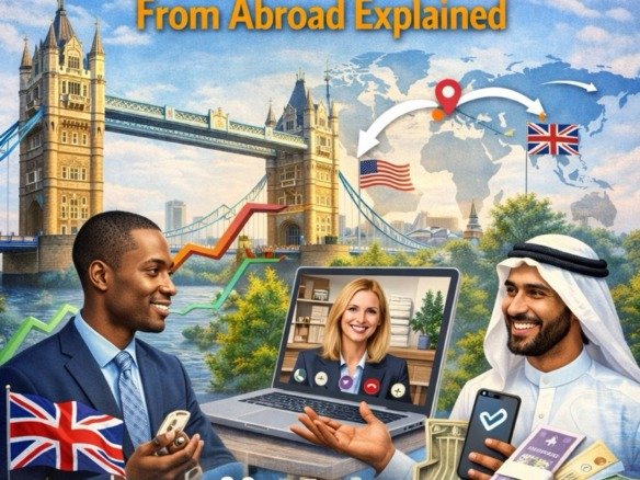 Buying property in the UK from abroad explained with international buyers, London skyline and real estate process illustration