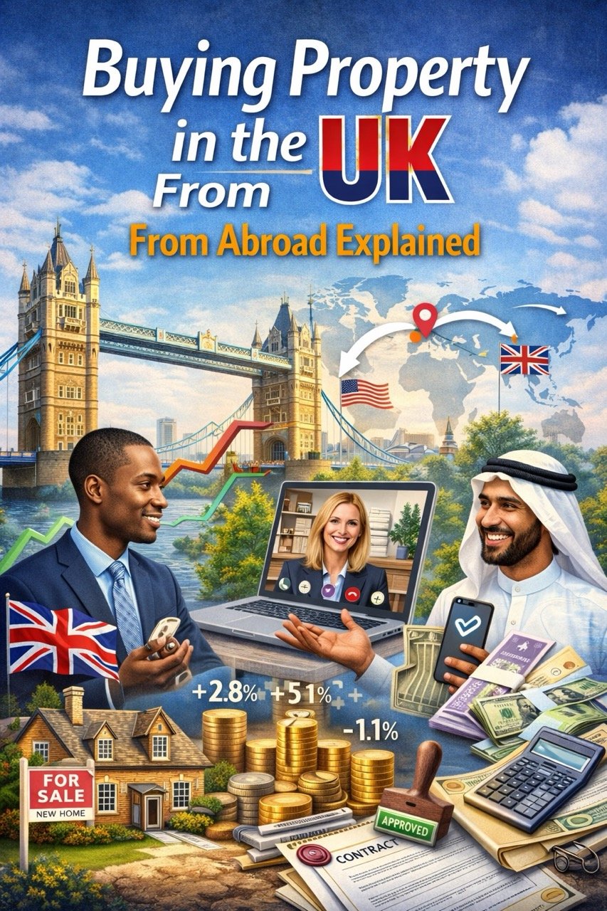 Buying property in the UK from abroad explained with international buyers, London skyline and real estate process illustration