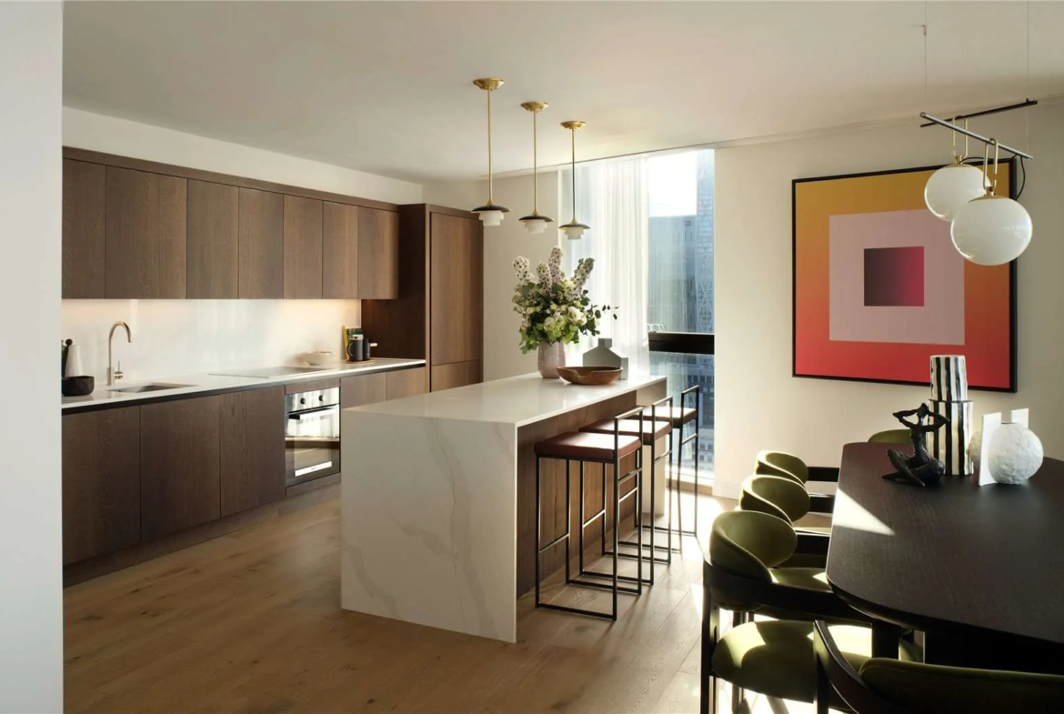 Canary Wharf E14 Vetro Duplex Penthouse Bespoke Kitchen Marble Island Brass Pendants Canary Wharf View