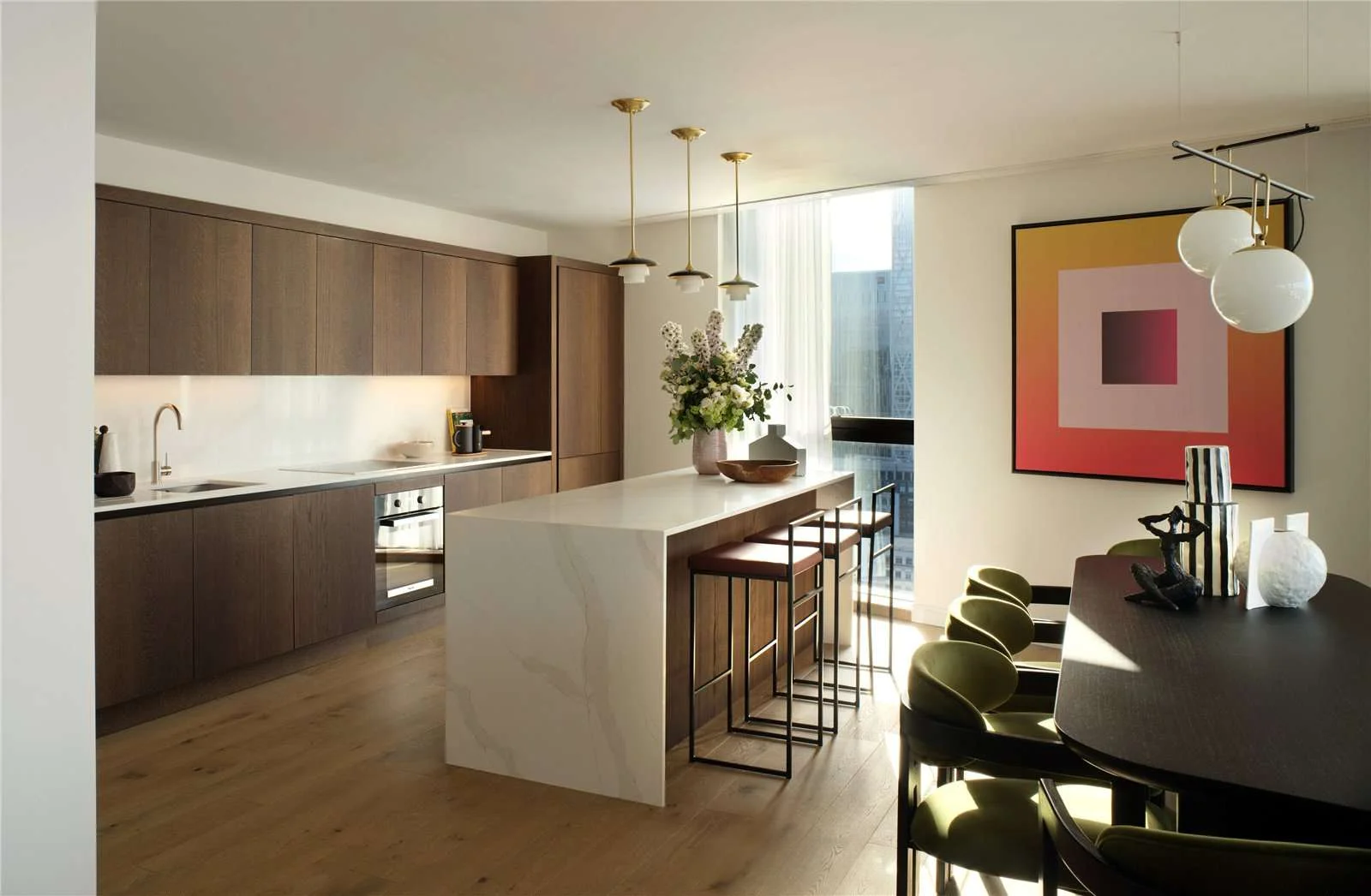 Canary Wharf E14 Vetro Duplex Penthouse Bespoke Kitchen Marble Island Brass Pendants Canary Wharf View
