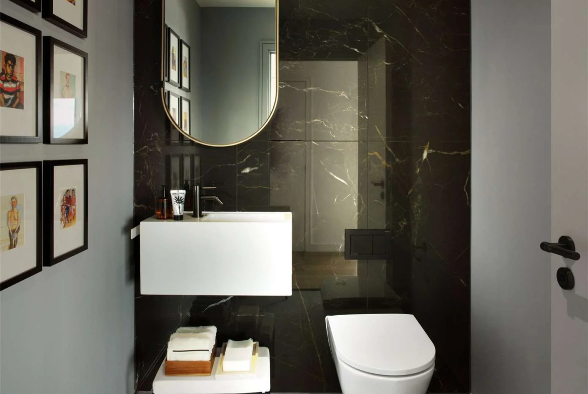 Canary Wharf E14 Vetro Duplex Penthouse Guest Wc Black Marble Wall Gold Mirror Powder Room