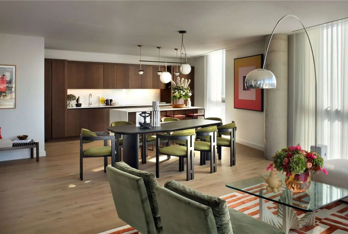 Canary Wharf E14 Vetro Duplex Penthouse Open Plan Dining Kitchen Island Full Height Glazing