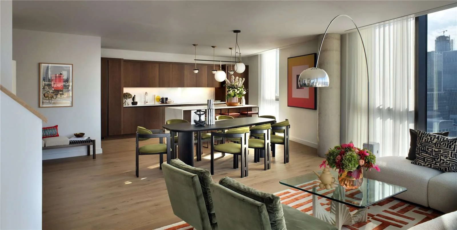 Canary Wharf E14 Vetro Duplex Penthouse Open Plan Dining Kitchen Island Full Height Glazing
