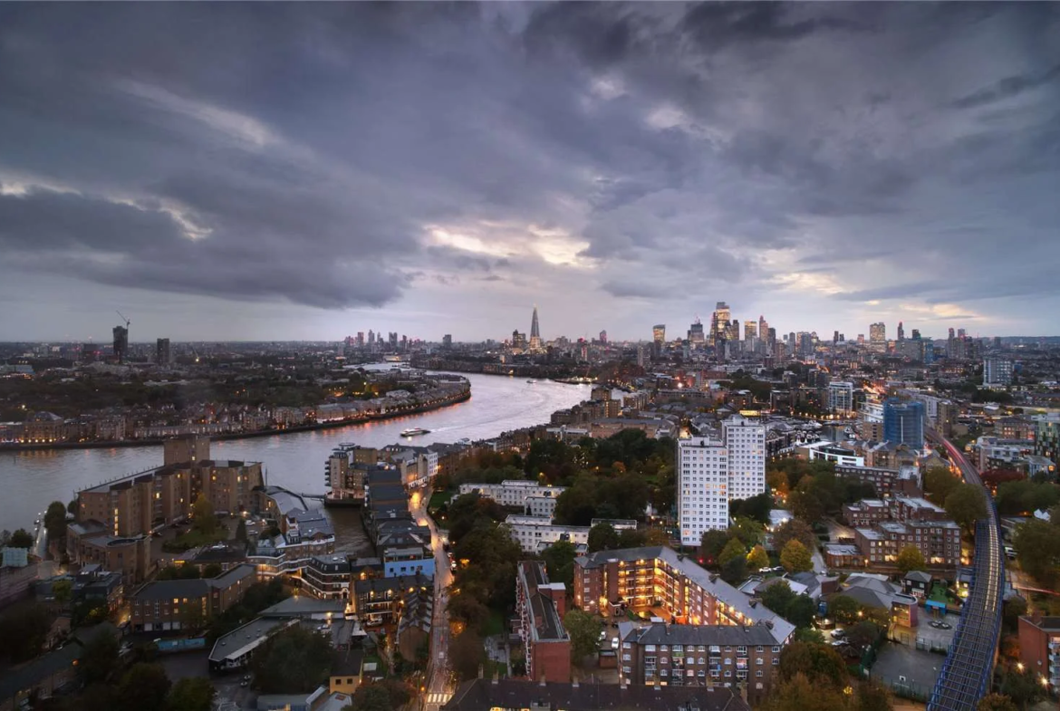 Canary Wharf E14 Vetro Duplex Penthouse Thames River Shard City London Dusk Aerial View