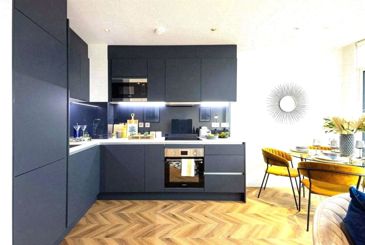 Cerulean Quarter Canning Town E16 Contemporary Kitchen Navy Units Herringbone Floor London