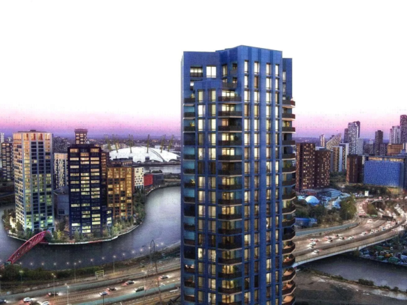 Cerulean Quarter Canning Town E16 Exterior Tower Building O2 Arena Thames Dusk London