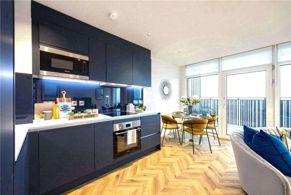 Cerulean Quarter Canning Town E16 Fitted Kitchen Navy Cabinets Integrated Appliances Balcony London