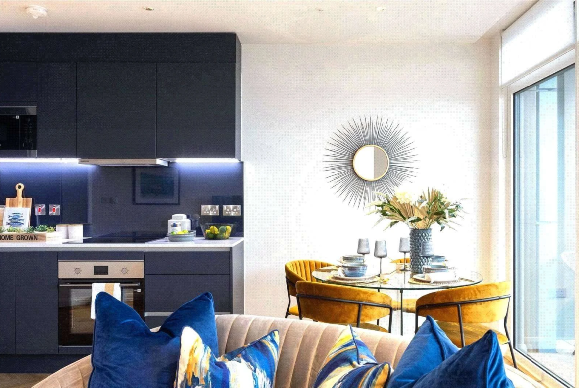 Cerulean Quarter Canning Town E16 Kitchen Dining Area Gold Velvet Chairs Glass Table London