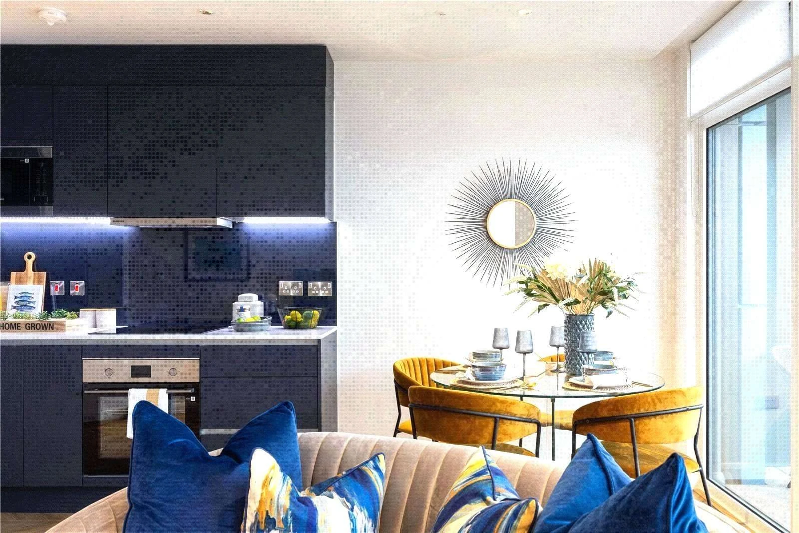 Cerulean Quarter Canning Town E16 Kitchen Dining Area Gold Velvet Chairs Glass Table London