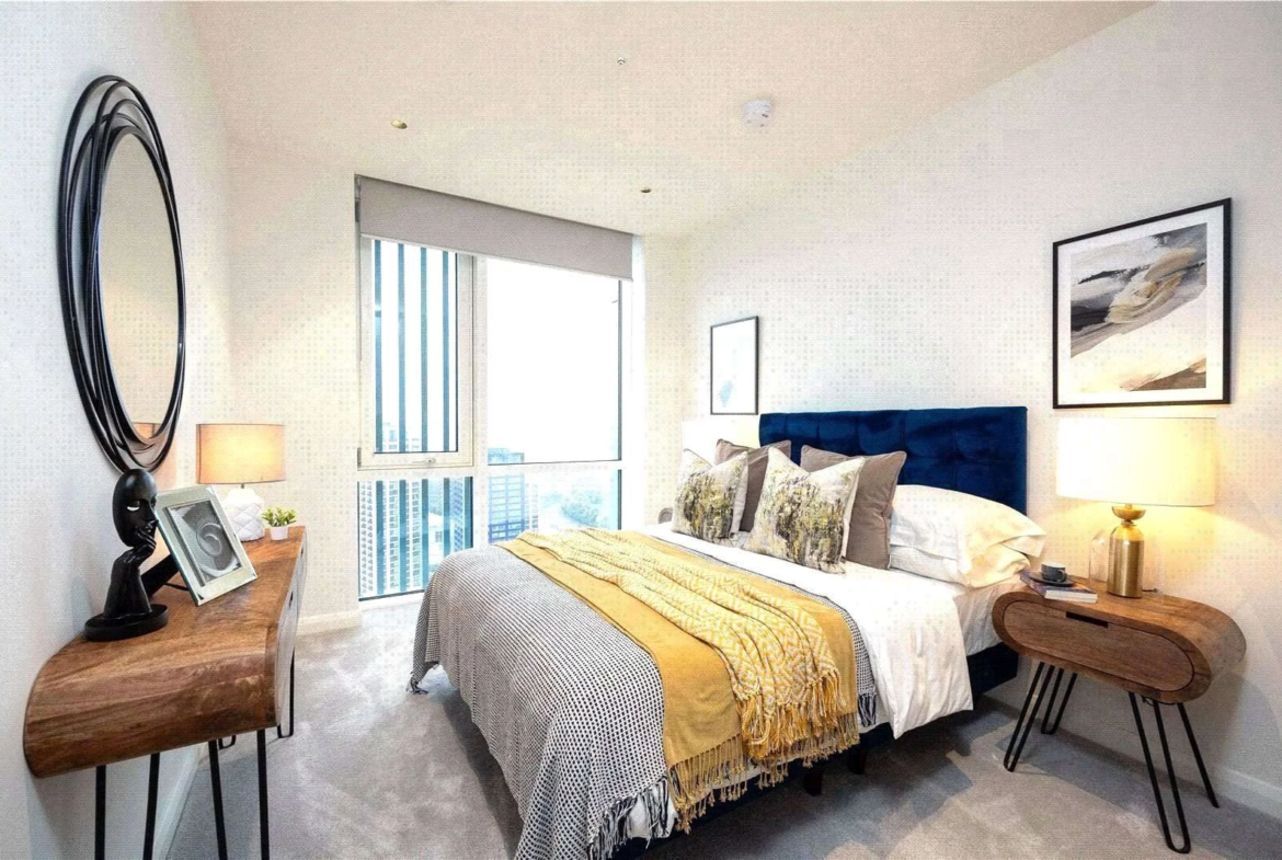 Cerulean Quarter Canning Town E16 Master Bedroom Double Bed Blue Headboard City View London