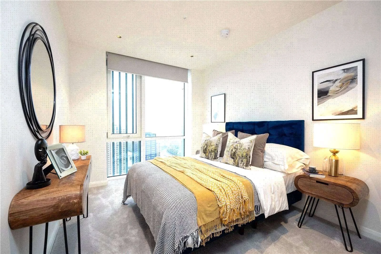 Cerulean Quarter Canning Town E16 Master Bedroom Double Bed Blue Headboard City View London