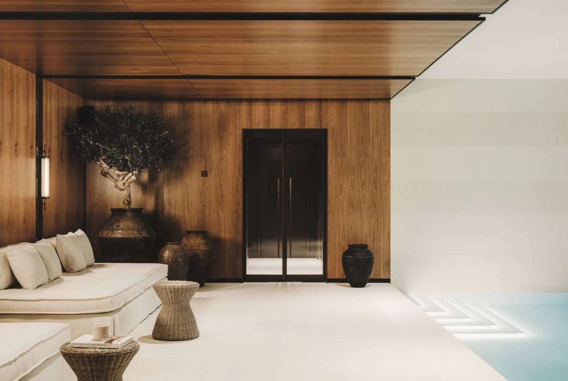 Chelsea Barracks Pool Side Lounge Timber Panelling Luxury Spa