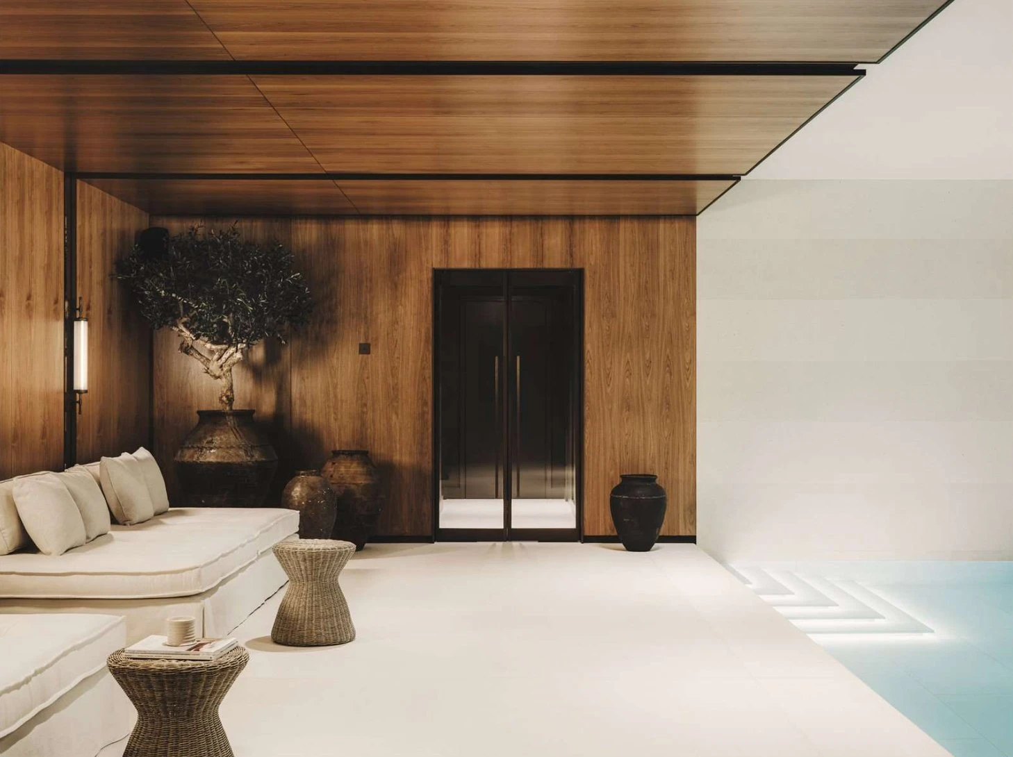 Chelsea Barracks Pool Side Lounge Timber Panelling Luxury Spa