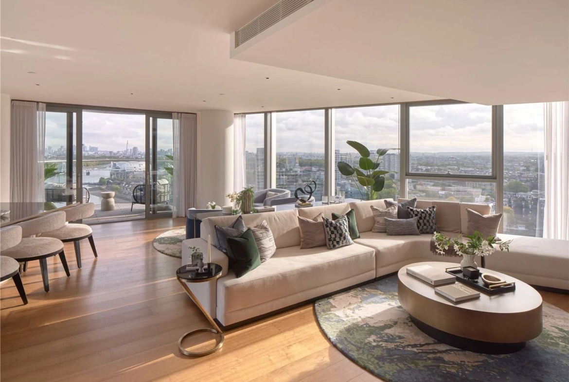 Chelsea Waterfront Sw10 16th Floor Reception Room Curved Cream Sofa Oval Coffee Table Wrap Around Thames Views