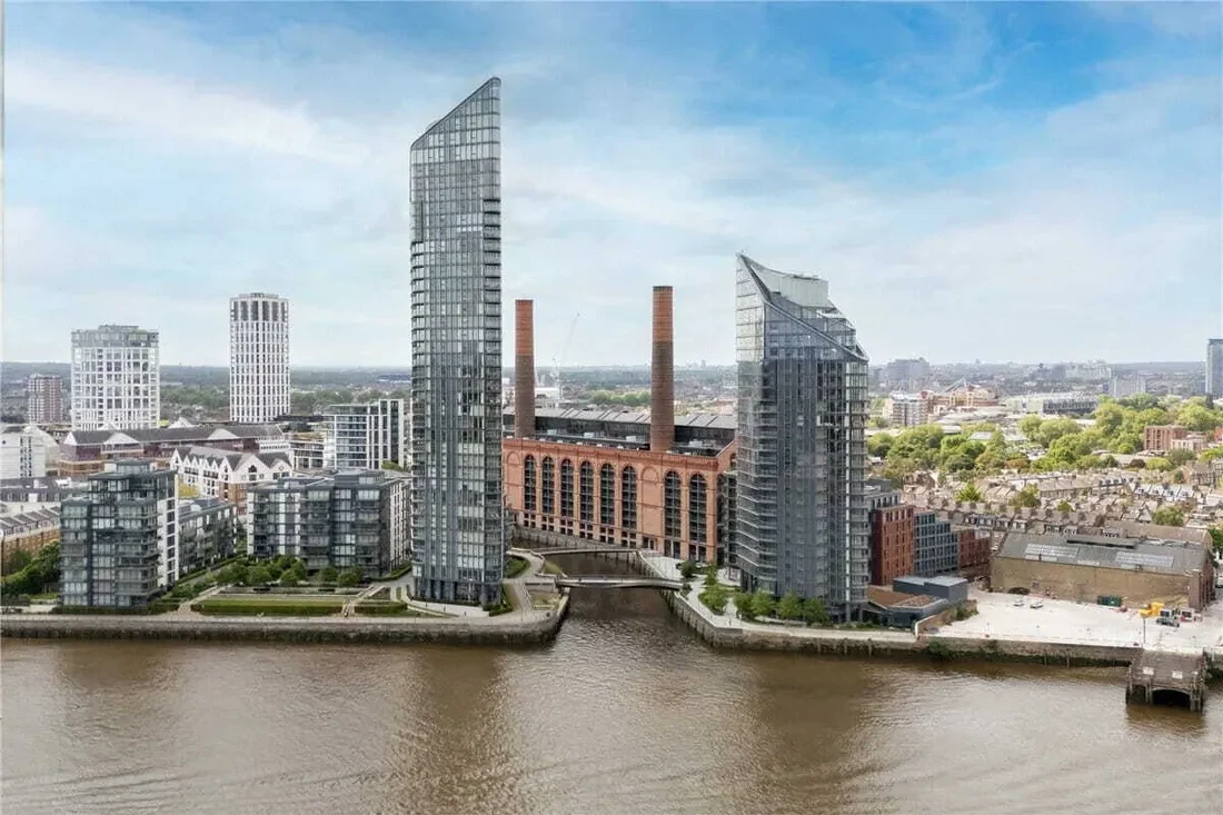 Chelsea Waterfront Sw10 Aerial Completed Tower West Tower East Power Station River Thames
