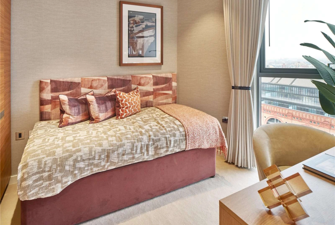Chelsea Waterfront Sw10 Fourth Bedroom Terracotta Velvet Headboard Rust Tones Lots Road Power Station View