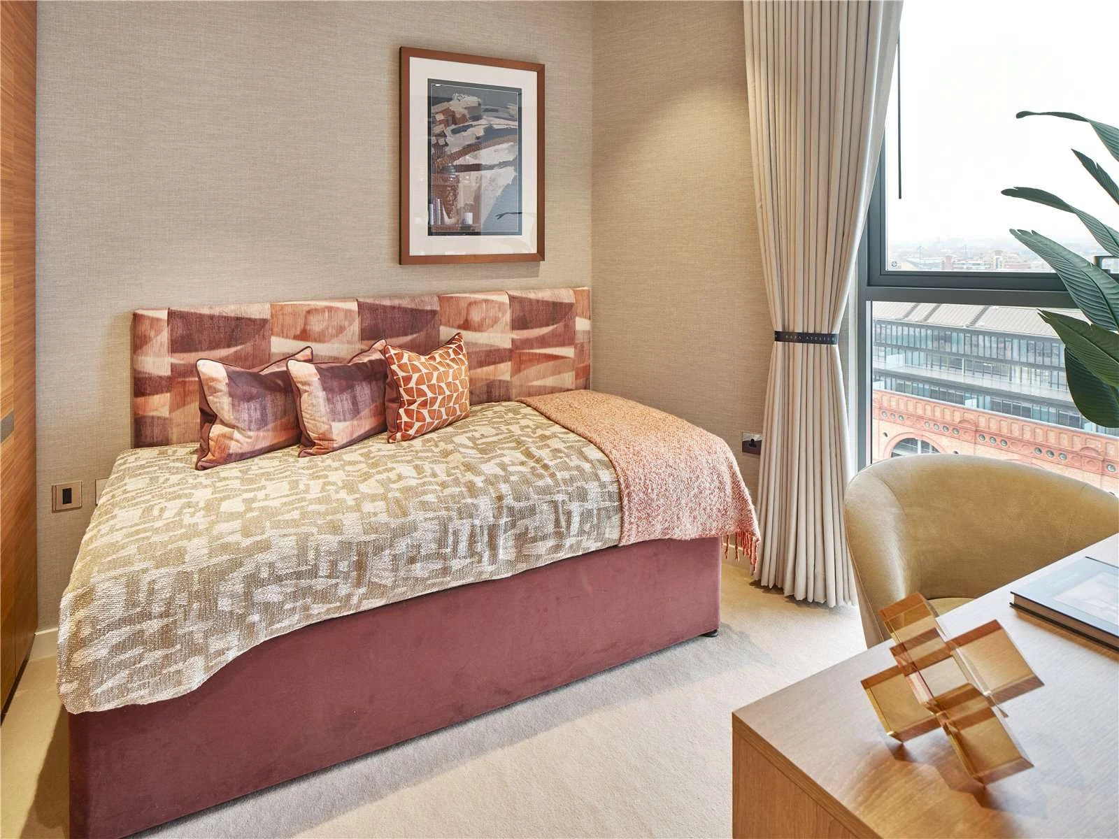 Chelsea Waterfront Sw10 Fourth Bedroom Terracotta Velvet Headboard Rust Tones Lots Road Power Station View