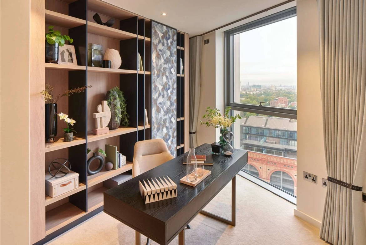 Chelsea Waterfront Sw10 Home Study Fourth Bedroom Oak Open Shelving Black Desk Power Station Arch View